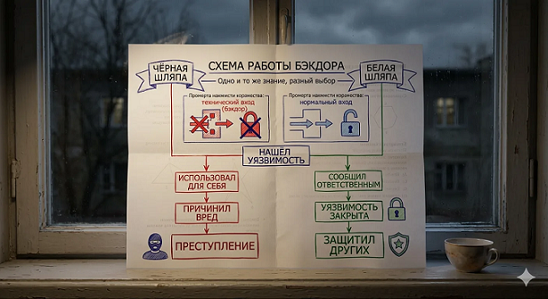 Инфографика: Черная шляпа и Белая шляпа. Этичный хакинг